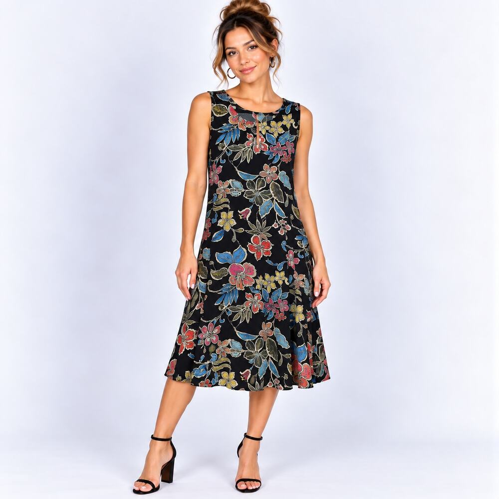 Susan Graver Liquid Knit Sleeveless Dress Women's Size M Black Floral Office